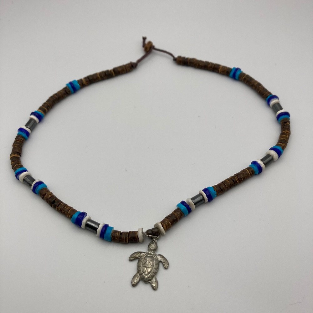 Sea Turtle Pendant Beaded Necklace Brown Wood Blue White Heishi Coastal‎ 18 Inch